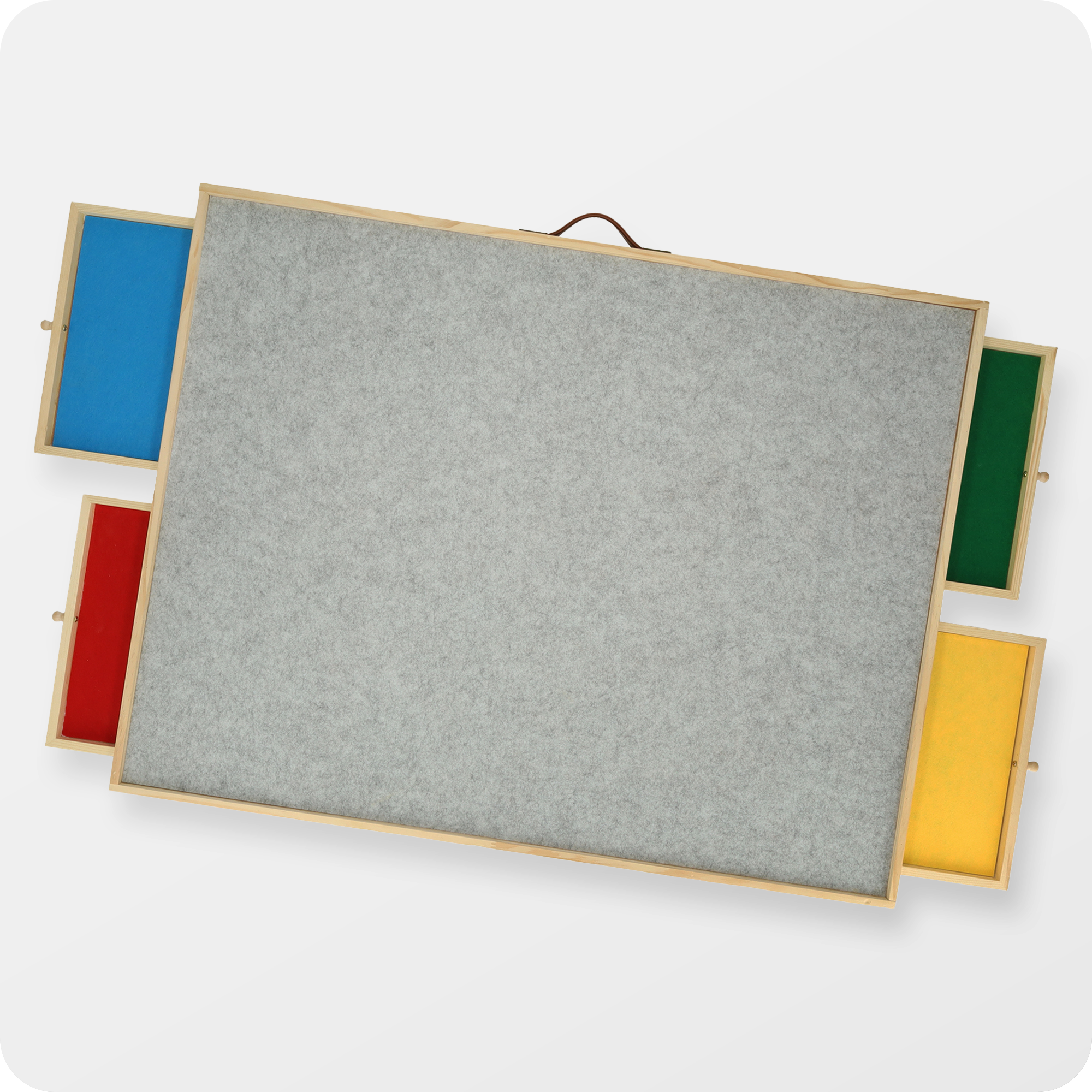 Bovenaanzicht van een ergonomische puzzeltafel met vilten ondergrond en 4 lades.